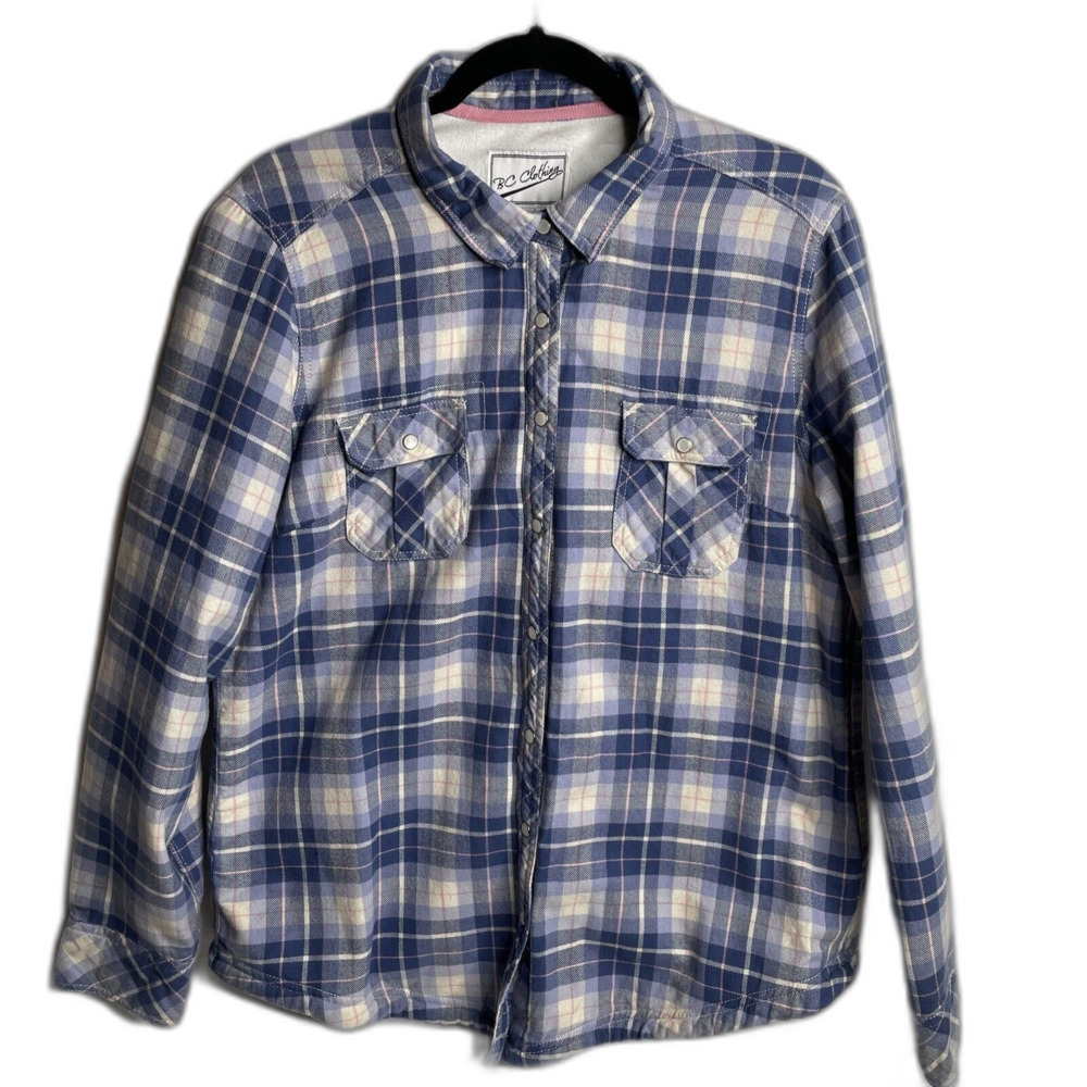 BC Clothing Fleece Lined Flannel Shirt Shacket Xlarge Pearl Snap Blue Plaid